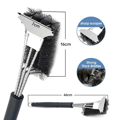 Immagine prodotto di Spazzola per griglia 3-in-1 con raschietto, 46 cm, acciaio inossidabile, resistente alla ruggine