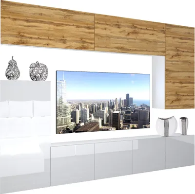 Produktbild von BELINI Wohnwand Vollausstattung Wohnzimmer-Set Moderne Schrankwand mit LED-Beleuchtung Weiß Glänzend Anbauwand TV-Schrank Eiche Wotan / Weiß Glänzend/Matt