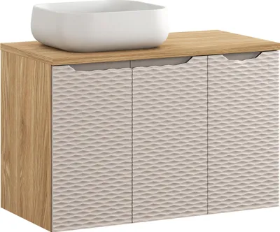 Zdjęcie produktu dla Szafka Łazienkowa 90 Cm Z Umywalką Nablatową – Dąb Olejowany I Beż 3D