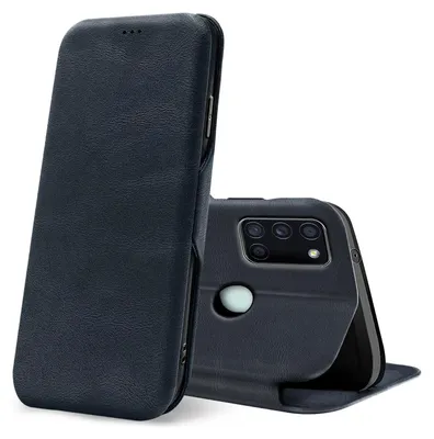 A dark blue flip case for a smartphone is shown against a white background. The case is open, revealing the back of a smartphone with its camera module and fingerprint sensor.