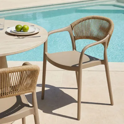 Produktbild von Gartenstuhl NARCISO 6er Set stapelbar, champagner - wetterfeste Outdoor Stühle, Rückenlehne mit Rope-Detail, UV-beständig für Balkon & Terrasse, Gartenmöbel modernes design