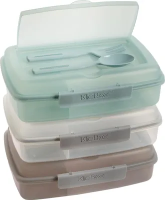 Produktbild von Lunchbox mit Fächern, Besteck, Clipverschluss, mikrowellengeeignet, 3er Set