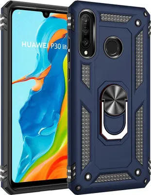 Produktbild von LaimTop Huawei P30 Lite Hülle, Hybrid Robuste Rüstung Drehbarer Ring Halter Ständer Dual Layer Hard PC + TPU Stoßfest Schutzhülle für Huawei P30 Lite Navy