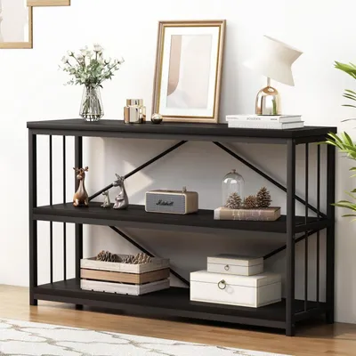 Image de LVB Table console en bois 3 niveaux Bibliothèque noire 120x34x74 cm
