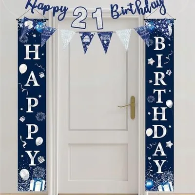 Zdjęcie produktu dla Baner urodzinowy happy birthday niebieski dekoracja na 21 urodziny