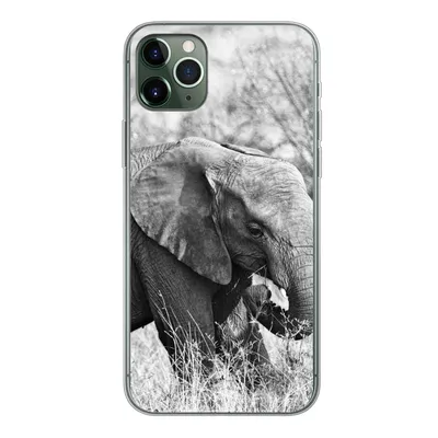 Produktbild von MuchoWow® Handyhülle Schutzhülle Hülle für iPhone 11 Pro Max Elefant - Tiere - Gras - Schwarz und weiß Silikon Softcase Handy Hülle - Schutz