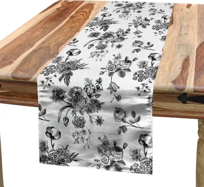 Produktbild von ABAKUHAUS Schwarz und weiß Tischläufer, Weinlese-Blumenmuster-viktorianische klassische königliche inspirierte neue moderne Kunst, 40 x 180 cm, Schwarz und weiß
