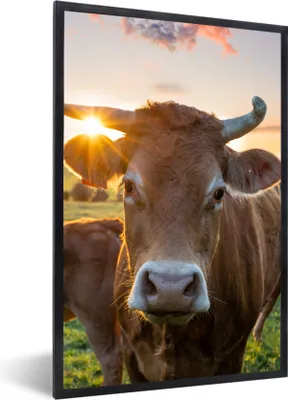 Produktbild von MuchoWow® Gerahmtes Poster Kühe - Sonne - Wiese - Landleben 60x90 cm - Poster mit Schwarzem Bilderrahmen Wandposter Rahmen Foto Bilder - Kunst