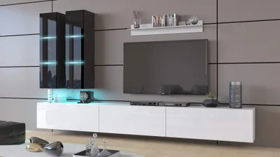 Produktbild von Furnitech Wohnwand Wohnzimmer - Wohnzimmer Möbel mit LED RGB - 16 Farben - Hängend Wohnwand Modern - Regale und TV Schrank (Egina AN50-18WB-HG7 1B)