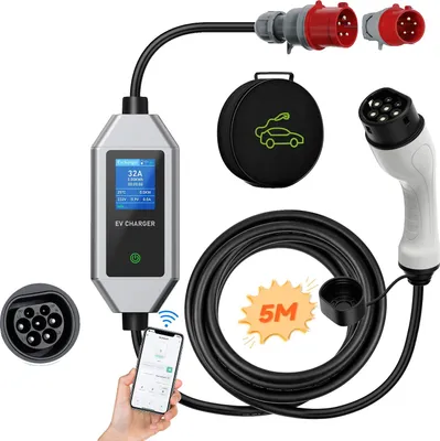 Obrázok produktu pre Prenosná nabíjačka EV, ovládanie pomocou inteligentnej aplikácie, nastaviteľný prúd, 22kw typ 2 5m