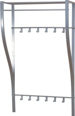A silver metal coat rack with multiple hooks and shelves.