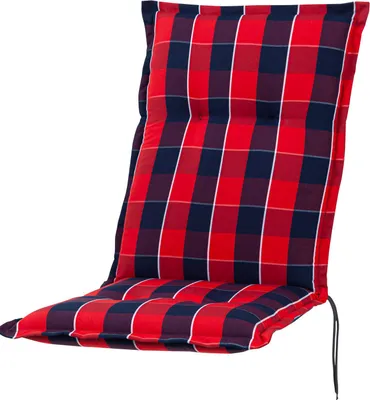 A red and blue plaid chair cushion is shown against a white background.