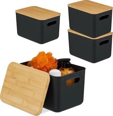 Obrázok produktu pre Úložná krabica Relaxdays, sada 4 ks, s vekom, plast, bambus, s uchami, organizér, rozmery 16 x 26 x 17,5 cm, čierna