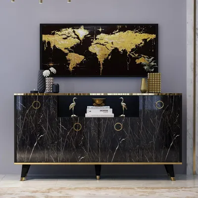 Produktbild von HOMIDEA Sophia Sideboard Kommode Aufbewahrungsschrank mit 4 Türen für Wohnzimmer, Küche, Flur und Büro (Schwarz)