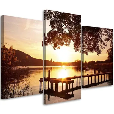 Produktbild von Triptychon auf leinwand see bei sonnenuntergang 60x40 cm Feeby braun wandbild bereit zum aufhängen
