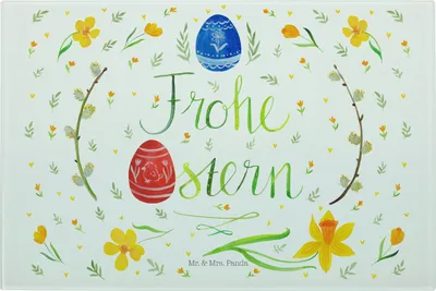 Produktbild von Mr. & Mrs. Panda Küchenbrett Ostern Frohe Ostern - Weiß - Geschenk, Osterei, schneidbrett, Osterblume, Bemalte Ostereier, Schneidplatte Glas, Ostergrüße, Schneidebrett