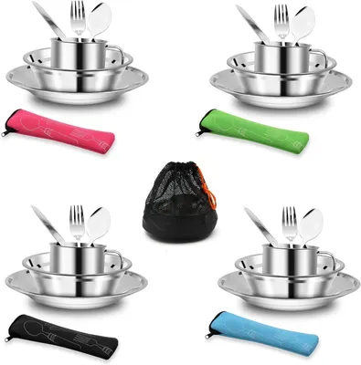 Produktbild von Campinggeschirr Set 29-teilig, für 4 Personen, Edelstahl, mit Tasche, für Camping
