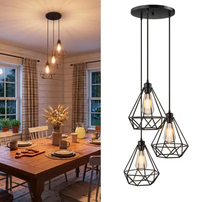 Obrázek produktu pro TRMLBE Vintage průmyslová lampa se 3 žárovkami, matně černá, mřížkové stínidlo, odolné kovové svítidlo s teplým světlem, kulatá stropní deska pro domácnost