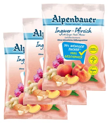 Productafbeelding van Alpenbauer Gember-perzik dropjes, suikerarm, 60g, 3-voudig pak