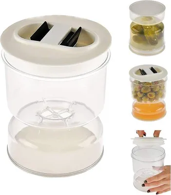 Imagen del producto de Olivas en forma de cono, con un líquido separador; recipiente para alimentos con colador y tapa abatible.