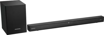 A black soundbar and subwoofer are displayed against a white background.