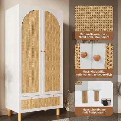 Immagine prodotto di Armadio 180x85x52, 2 ante, in rattan, stile rustico, con grande cassetto, ripiani regolabili, asta appendiabiti e sistema di sicurezza anticaduta.