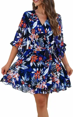 Produktbild von ASKSA Sommerkleid Damen Kurz Elegant Blumen Chiffon V-Ausschnitt Wickelkleid (Schwarz,S)