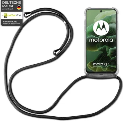 A Motorola smartphone in a clear case with a black lanyard is displayed against a white background.