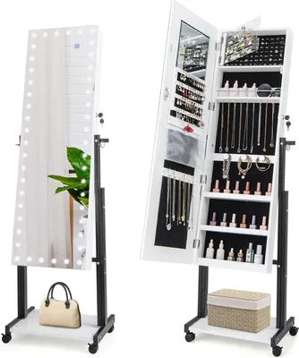 Obrázek produktu pro Volně stojící skříňka na šperky s kolečky, uzamykatelná skříňka na make-up s tříbarevným LED zrcadlem po celé délce, nastavitelná výška a úhel (bílá)