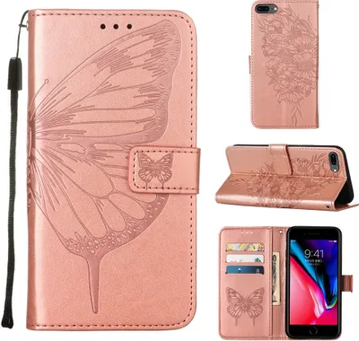 Produktbild von iPhone 8 Plus Hülle, Schmetterling Prägung Flip Leder Kartenfächer Schutzhülle Ledertasche mit Ständer für iPhone 8 Plus/ 7 Plus/ 6s Plus/ 6 Plus Roségold