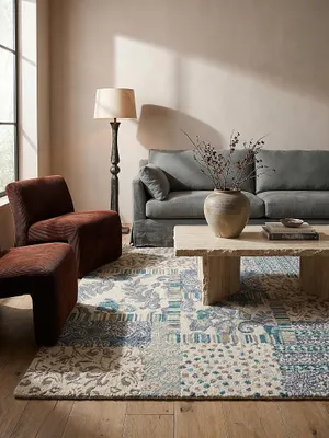 Produktbild von Wollteppich Patchwork, Wohnzimmer Blau Rechteckig 160x230 | 100% Wolle, Rücken aus 100% Baumwolle | Florhöhe: 8 cm | Handgetuftet