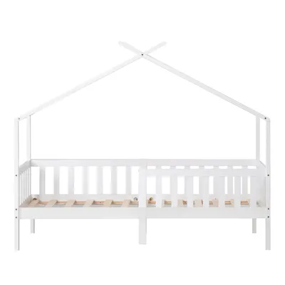Produktbild von Hausbett 200x90cm Kinderbett (Ohne Matratze) Weiß Kiefer Massivholzbett Jugendbett Einzelbett Mit Zaun und Lattenrost Mit Absturzsicherung