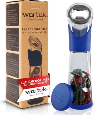 Produktbild von wortek Flaschenöffner mit Auffangbehälter Blau- Getränkeöffner Bieröffner Bierflaschenöffner Kronkorken Sammler Bar Küche Camping Zubehör - Geschenk für Männer und Bierliebhaber