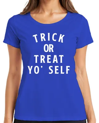 Productafbeelding van "Trick or Treat, verwel jezelf!" Grappig Halloween-shirt voor dames, blauw, maat M