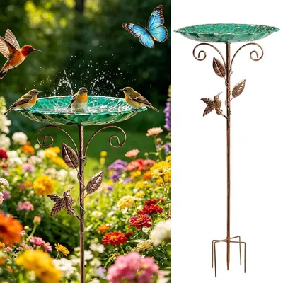 Image de Abreuvoir pour oiseaux en métal, vert, de 30 pouces de diamètre, avec un socle à 5 branches