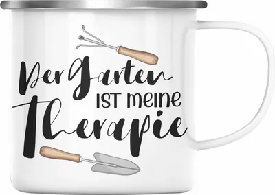 Produktbild von Trendation - Der Garten Ist Mein Therapie Emaille Tasse für Gärtner Geschenk Mann Frau (Silber)