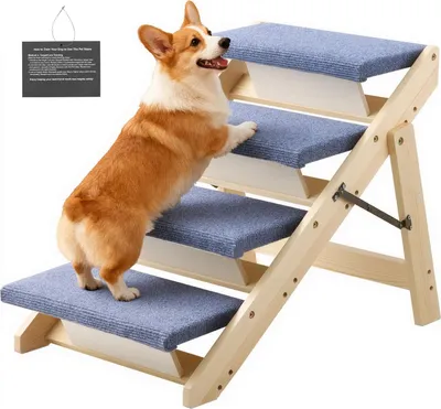 Obrázek produktu pro Schody pro psy – 4stupňové skládací schody pro domácí mazlíčky ze dřeva – rozměry 63 x 47 x 49 cm – nosnost až 68 kg – pro malé, střední a velké psy, seniory a štěňata – pro postel, pohovku a auto