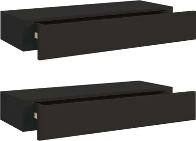 Two black wall shelves with open drawers, displayed against a white background.