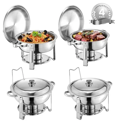 4er-Set Warmhalteplatten, 4,7 l, Edelstahl, rund, mit Deckeln
