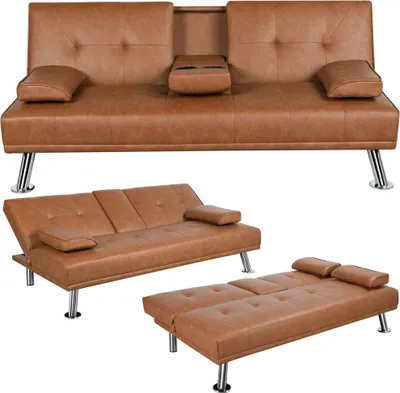 Produktbild von Yaheetech 3er-Sofa Schlafsofa Couch mit Tassenhalter Gästebett, Rückenlehne neigbar 105°/140°/180°, 167 x 81,5 x 75 cm, 350 KG belastbar, Hellbraun