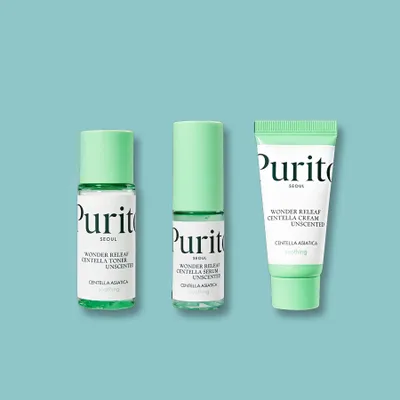 Obrázok produktu pre Purito Wonder Releaf Centella Mini Kit Unscented Sada na starostlivosť o tvár - 30 ml, 15 ml, 15 ml