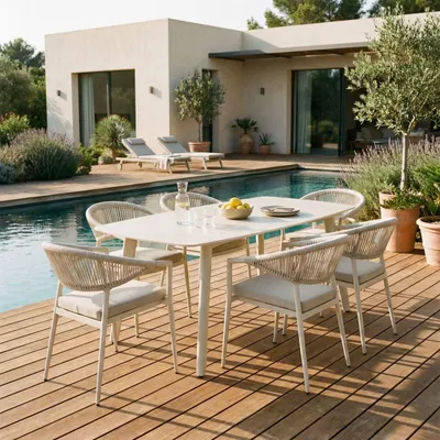 Produktbild von Gartenmöbel Set SELI  Gartenmöbelset mit 1 Tisch und 6 Stühlen, Tischgröße 180 x 90 x 75, Cremeweiß – aus pulverbeschichtetem Aluminium mit robuster Keramik-Tischplatte, wetterfest mit Sitzkissen
