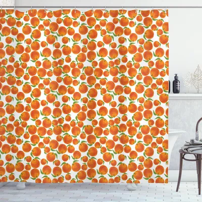 Image de ABAKUHAUS Rideau de douche Mandarine, motif dessiné à la main, orangesjuteuses avec feuille, 175 x 200 cm, orange foncé vert olive