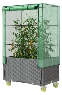Produktbild von Hochbeet mit Aufsatz und Rollen in Rattan-Optik 80x50x182 cm, Palettenrahmen, Hochteich, Gemüsebeet, Kräuterregal für Balkon, Blumenbeet, Kräuterspirale, Tomatenbeet, Pflanzhochbeet