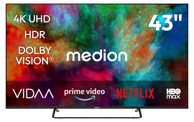 Produktbild von MEDION 108 cm (43 Zoll) Fernseher (Smart-TV, Dolby Vision HDR, HBO Max, MagentaTV, Prime Video, Disney+, DAZN, Paramount+, Dolby Atmos, VIDAA Store, PVR, Bluetooth, MD 843302)