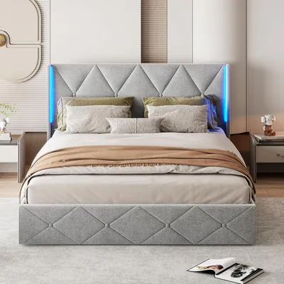 Image de Lit double - Lit avec rangement - Lit avec tiroirs - Lit en velours - Lit avec éclairage LED - 140x200 cm