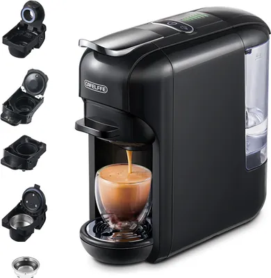 Obrázek produktu pro CAFELFFE Elektrický kávovar 5 v 1, 92 ¡ãC, 19 barů, mini studená a horká káva, 7 úrovní objemu vody, kávovar s nádržkou na vodu 600 ml, odnímatelný odkapávací tácek, pracuje s kapslemi DG/NES/ESE/K-Cup a mletou kávou