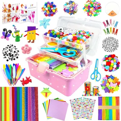 A collage of various craft supplies for children, including a pink craft box filled with materials, loose craft items, and instructional diagrams.