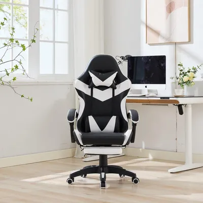 Image de Siège de jeu - Siège de bureau - Chaise de bureau - Siège gamer - Chaise noir et blanc - Repose-pieds - Hauteur réglable