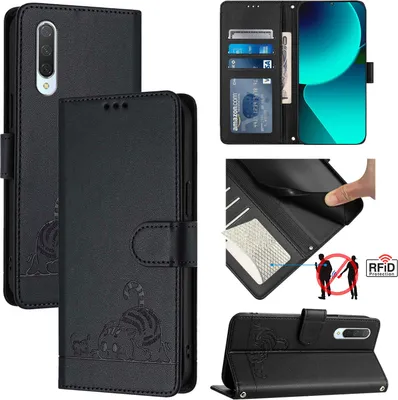 Produktbild von Leder Hülle für Xiaomi CC9/Mi 9 Lite Süße Katze Flip Case Brieftasche Schutzhülle mit Standfunktion Schwarz